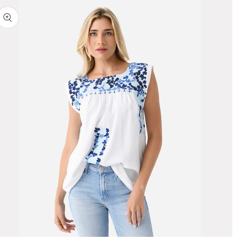 J Marie embroidered Marla white and blue top, size medium